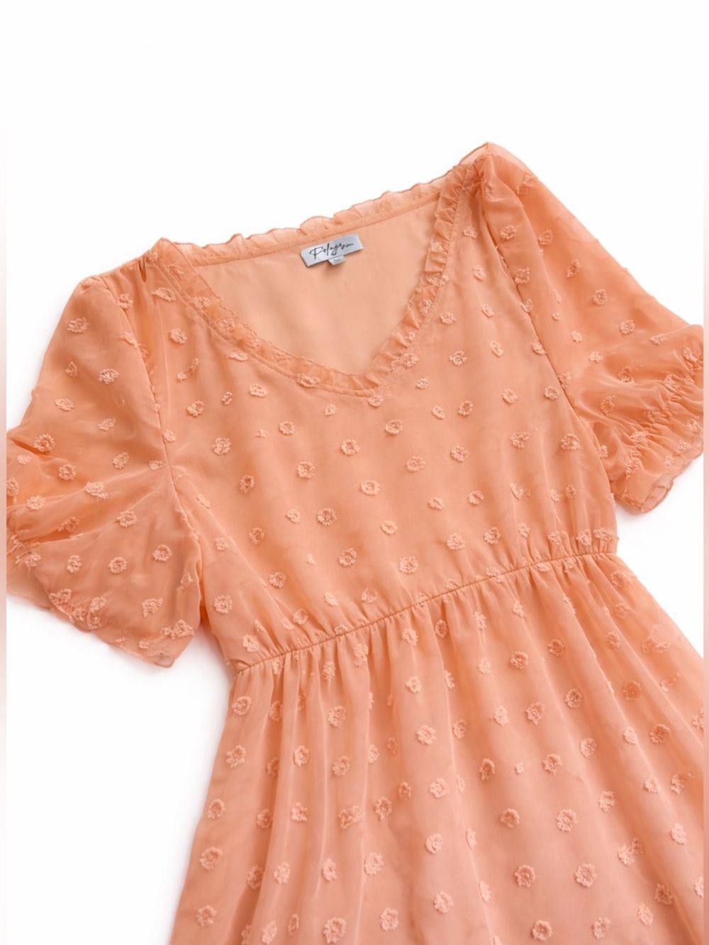 Polagram Summer Midi Dress Peach V-Neck Swiss Dot size M - Picture 3 of 10